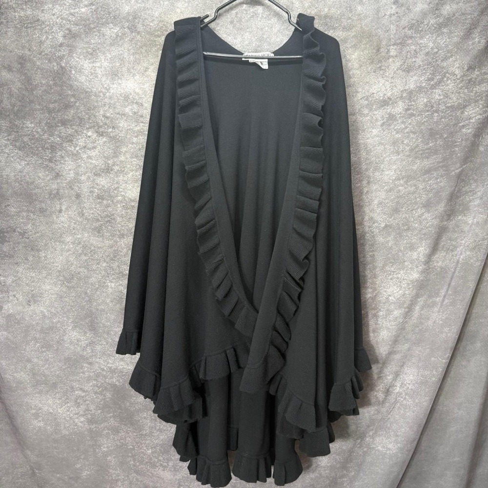 Carlisle Sport Black 100% Lambswool Shawl Poncho Wrap One Size Ruffle Trim